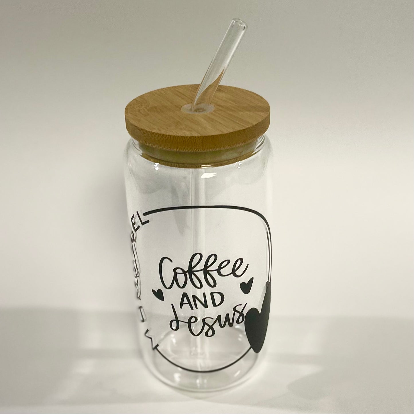 Mom Fuel- Coffee and Jesus 16 oz Glass Tumbler, Bamboo Lid and Glass Straw