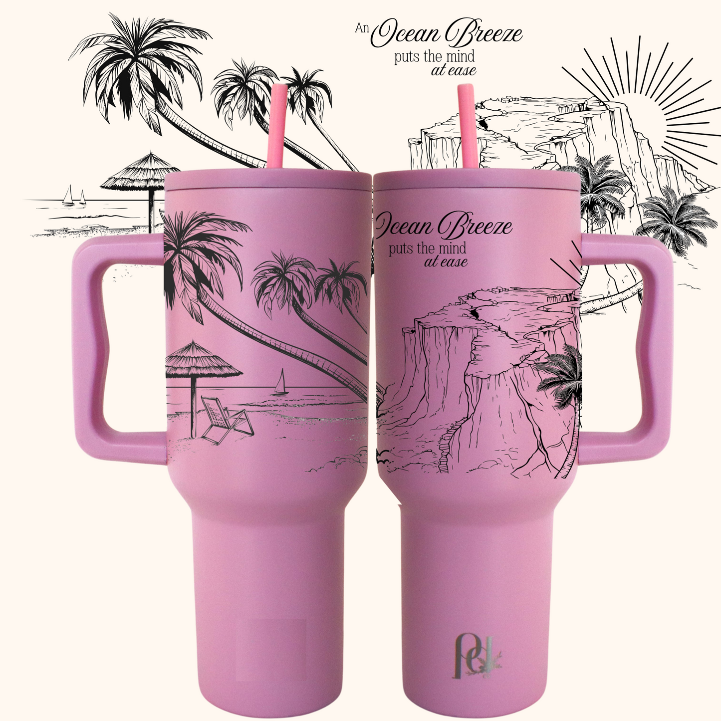 40 oz Ocean Breeze Tumbler with Handle | Stainless Steel Travel Mug | Beach & Palm Tree Laser Engraved Thirst Quencher Cup