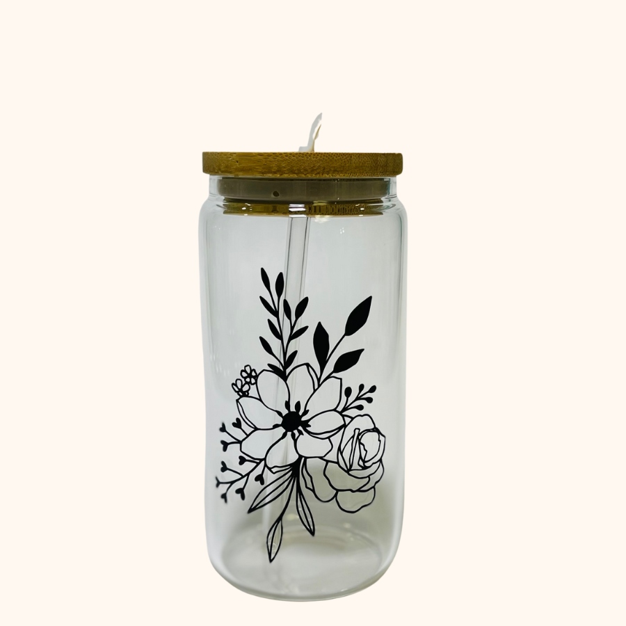 Garden Reverie, 16 oz. Glass Tumbler With Bamboo Lid and Glass Straw, Garden Bouquet Iced Coffee Cup