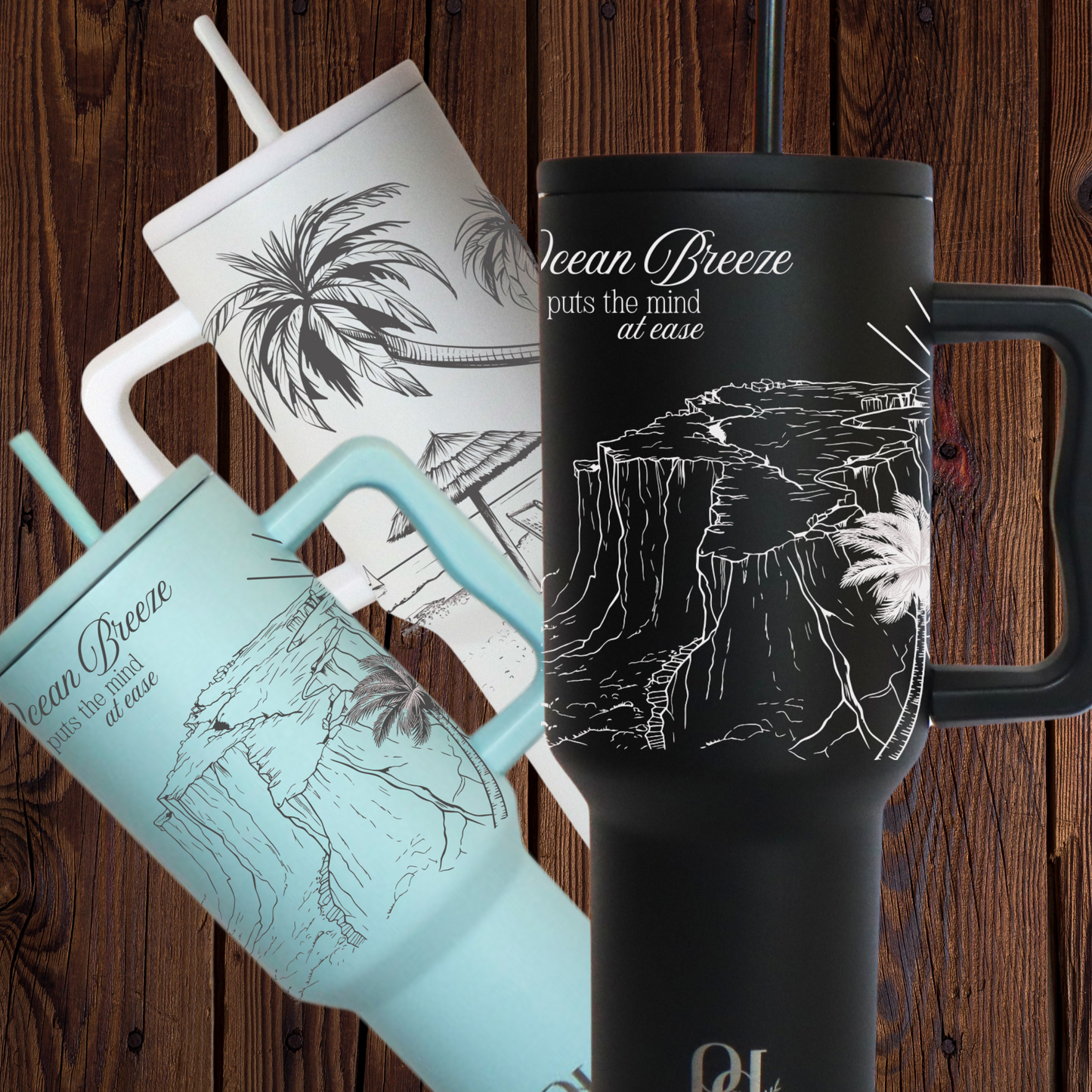 40 oz Ocean Breeze Tumbler with Handle | Stainless Steel Travel Mug | Beach & Palm Tree Laser Engraved Thirst Quencher Cup