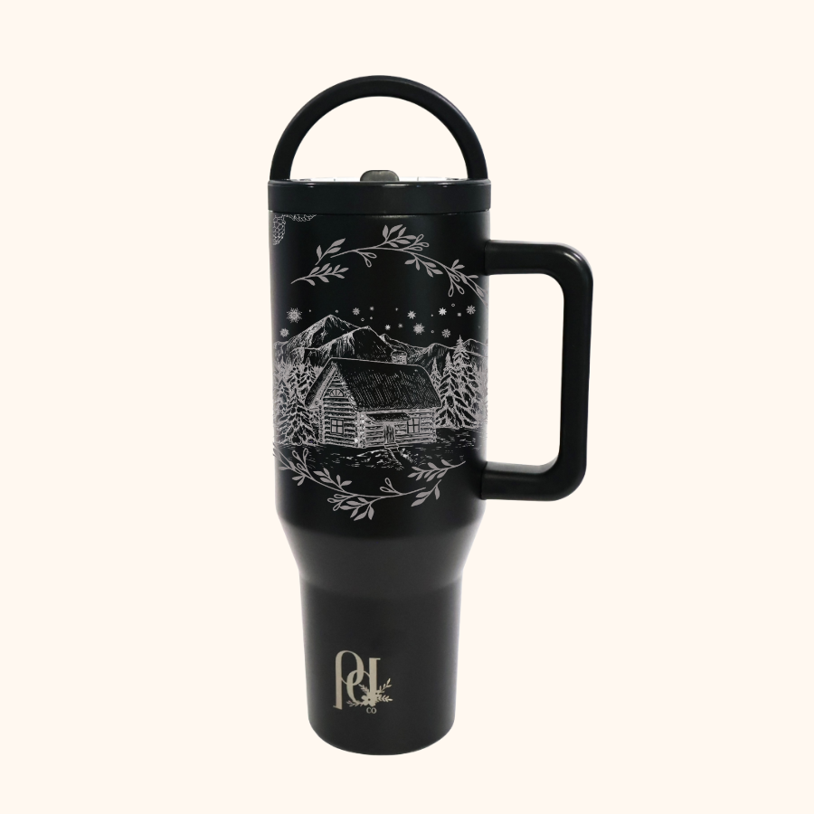 Frosted Pines Christmas Hydra Hauler – 40 oz Leakproof Tumbler with Dual Handles | Holiday Cabin & Evergreen Design