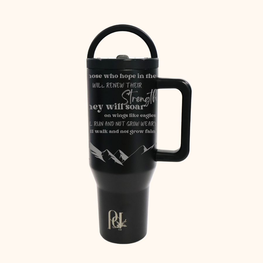 Soar Like Eagles Hydra Hauler – 40 oz Leakproof Stainless Steel Tumbler with Dual Handles & Flip Straw | Laser Engraved Mountains and Quotes