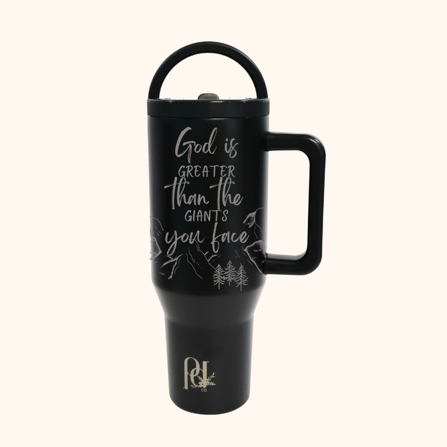 God Is Greater Hydra Hauler – 40 oz Leakproof Stainless Steel Tumbler with Dual Handles & Flip Straw | Laser Engraved Mountains and Quotes