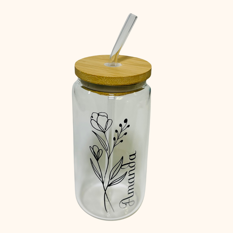 Personalized Botanical Muse 16 oz. Glass Tumbler With Bamboo Lid and Glass Straw, Wildflower Personalized Iced Coffee Cup (Copy)