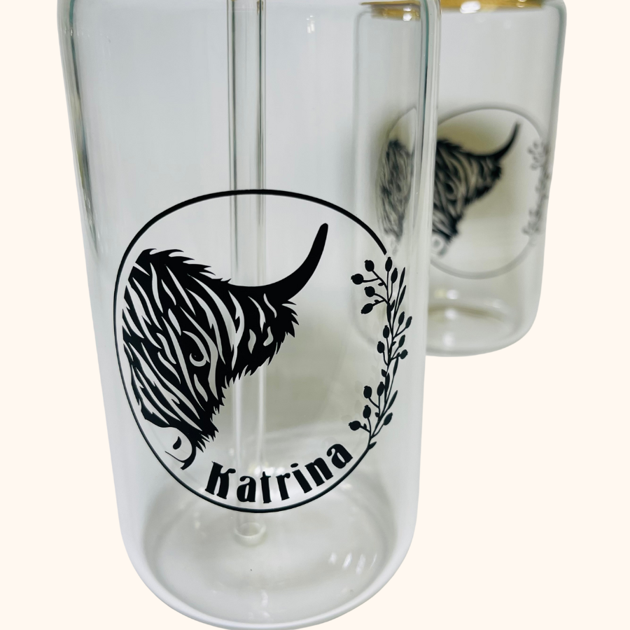Highland Cow 16 oz. Glass Tumbler With Bamboo Lid and Glass Straw, Highland Cow and Vines Iced Coffee Cup (Copy)
