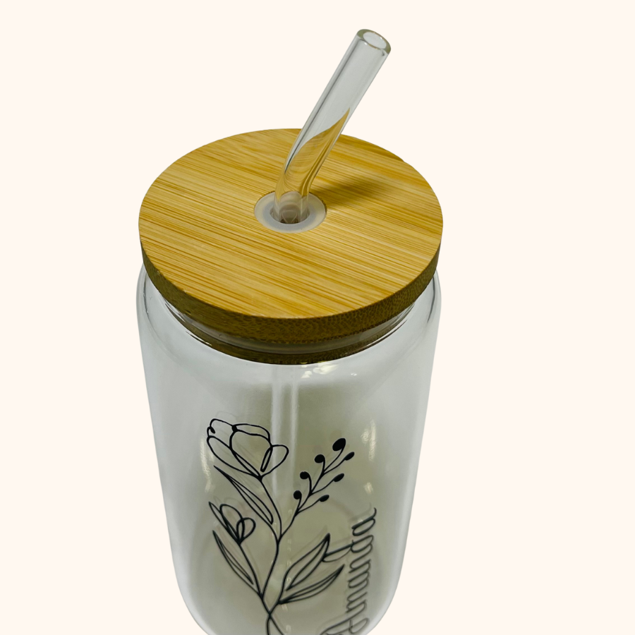 Personalized Botanical Muse 16 oz. Glass Tumbler With Bamboo Lid and Glass Straw, Wildflower Personalized Iced Coffee Cup (Copy)