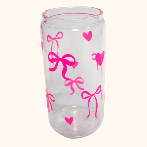 Coquette Bow Glass Tumbler with Bamboo Lid & Glass Straw – 16 oz Reusable Cup with Pink Bows and Hearts