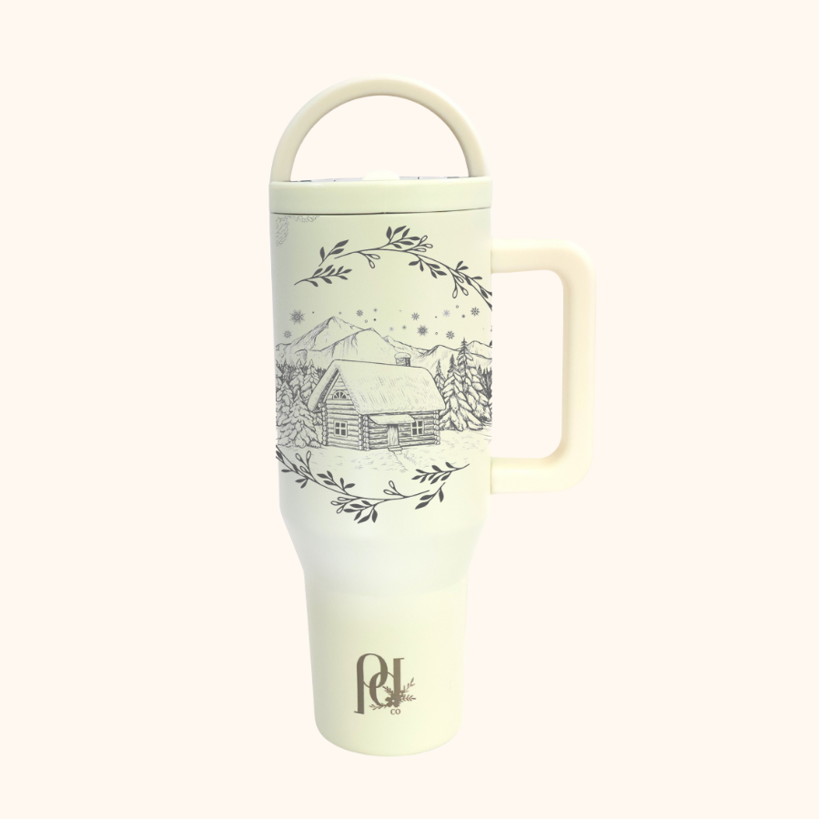 Frosted Pines Christmas Hydra Hauler – 40 oz Leakproof Tumbler with Dual Handles | Holiday Cabin & Evergreen Design