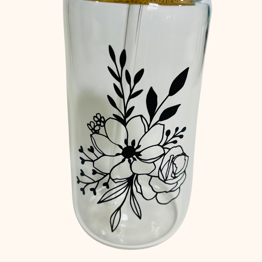 Garden Reverie, 16 oz. Glass Tumbler With Bamboo Lid and Glass Straw, Garden Bouquet Iced Coffee Cup
