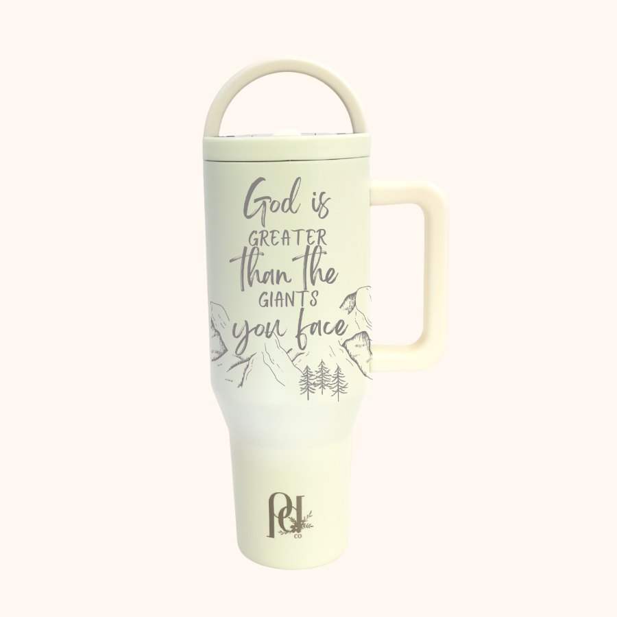 God Is Greater Hydra Hauler – 40 oz Leakproof Stainless Steel Tumbler with Dual Handles & Flip Straw | Laser Engraved Mountains and Quotes