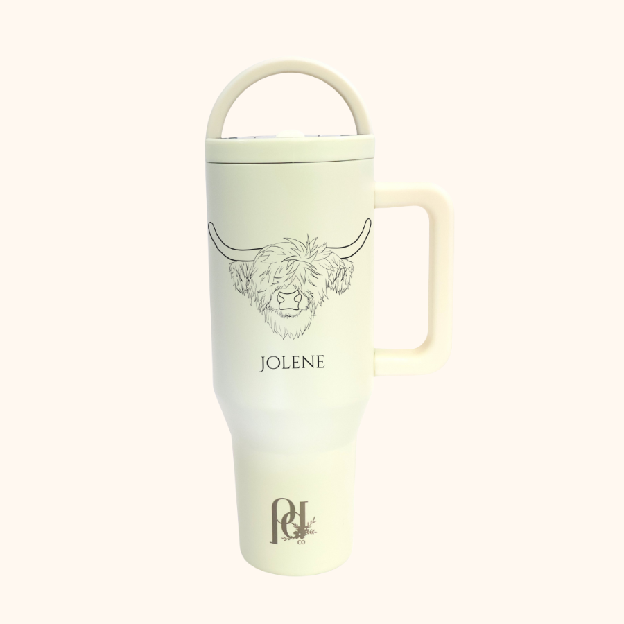 Personalized Highland Cow Hydra Hauler – 40 oz Leakproof Stainless Steel Tumbler with Dual Handles & Flip Straw | Laser Engraved Florals