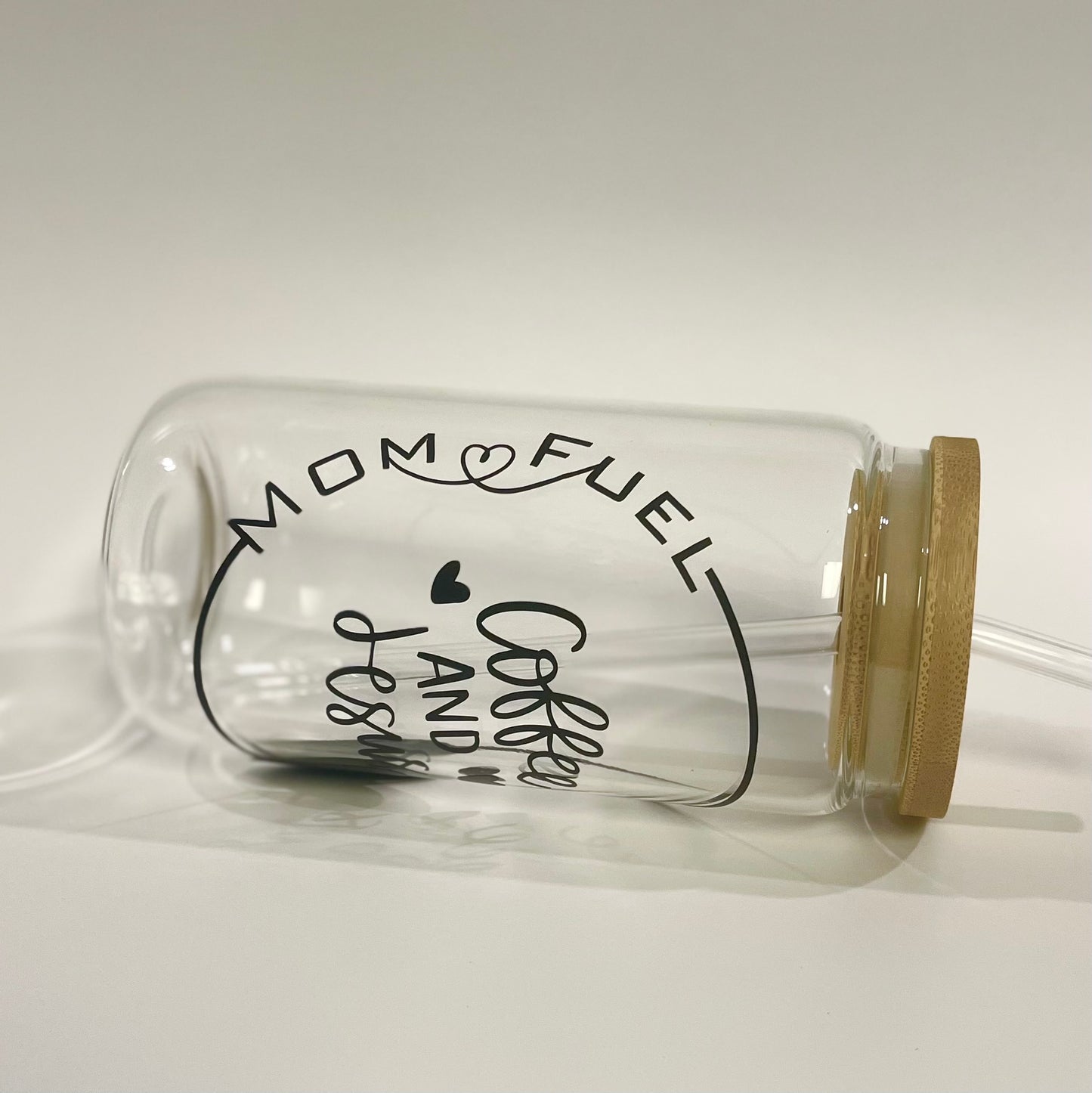 Mom Fuel- Coffee and Jesus 16 oz Glass Tumbler, Bamboo Lid and Glass Straw