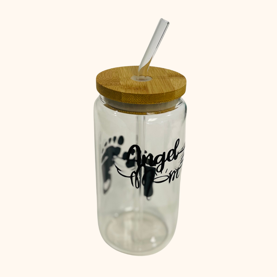 Baby Footprints Angel Mom 16 oz Glass Tumbler, Pregnancy and Infant Loss Remembrance
