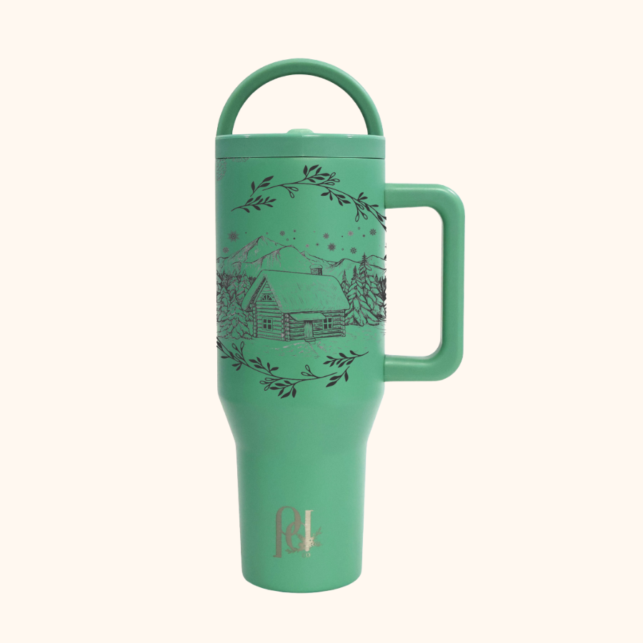 Frosted Pines Christmas Hydra Hauler – 40 oz Leakproof Tumbler with Dual Handles | Holiday Cabin & Evergreen Design
