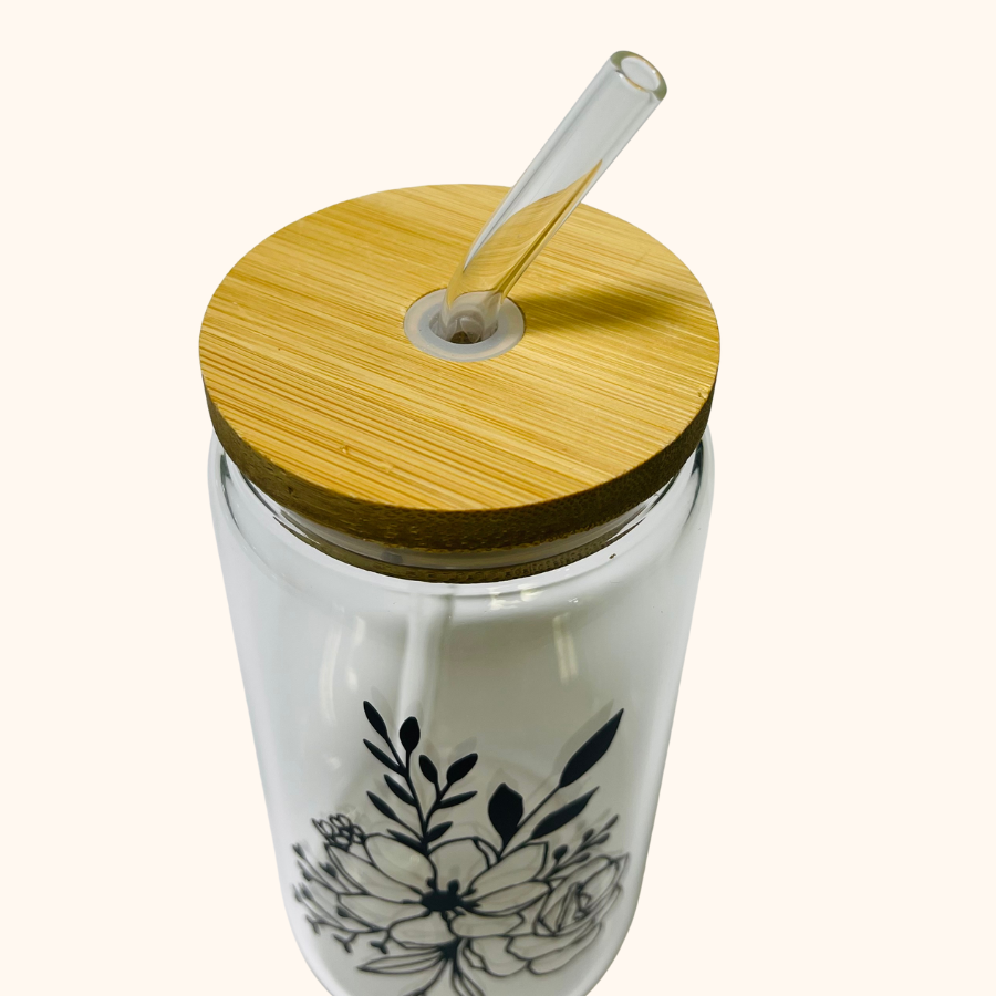Garden Reverie, 16 oz. Glass Tumbler With Bamboo Lid and Glass Straw, Garden Bouquet Iced Coffee Cup