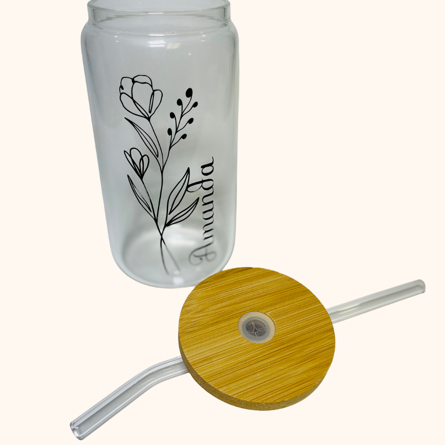 Personalized Botanical Muse 16 oz. Glass Tumbler With Bamboo Lid and Glass Straw, Wildflower Personalized Iced Coffee Cup (Copy)