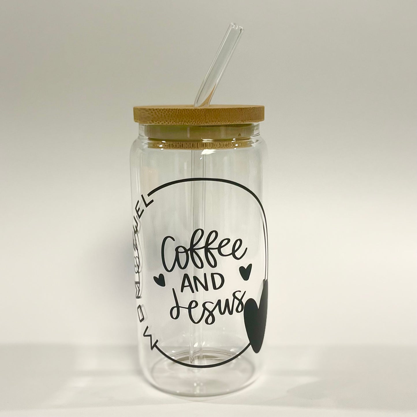 Mom Fuel- Coffee and Jesus 16 oz Glass Tumbler, Bamboo Lid and Glass Straw