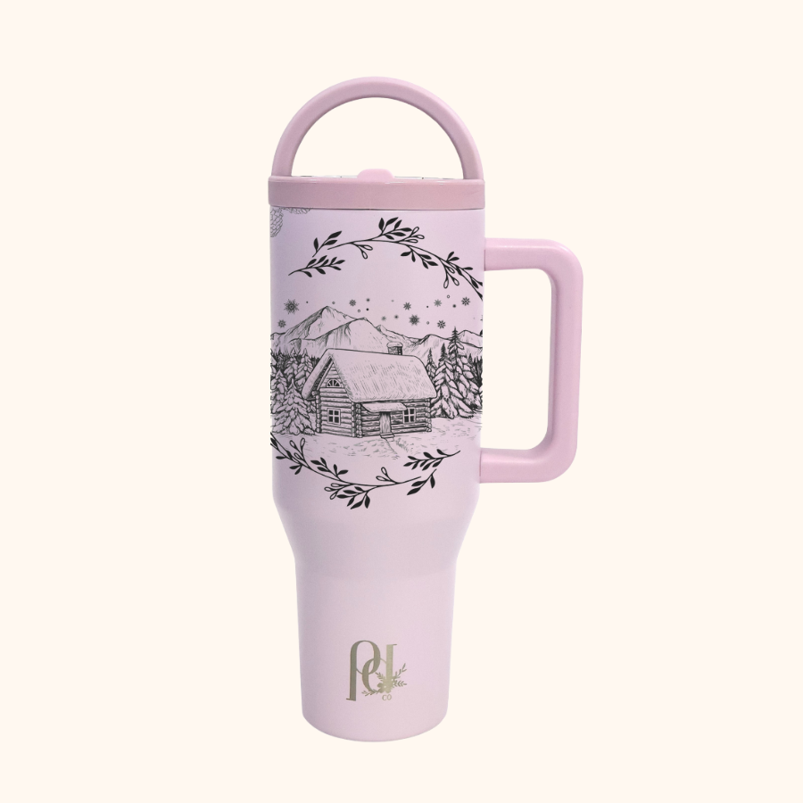 Frosted Pines Christmas Hydra Hauler – 40 oz Leakproof Tumbler with Dual Handles | Holiday Cabin & Evergreen Design