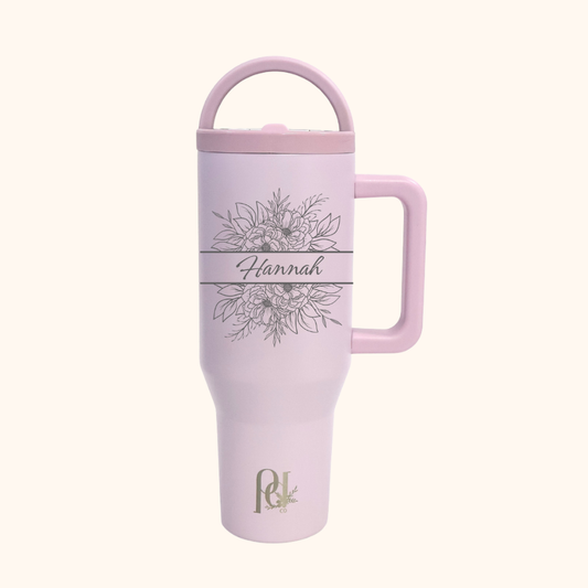 Bloom Name | Personalized Floral Hydra Hauler | 40 oz Laser Engraved Floral Tumbler with Name | Leakproof Dual Handle Water Cup