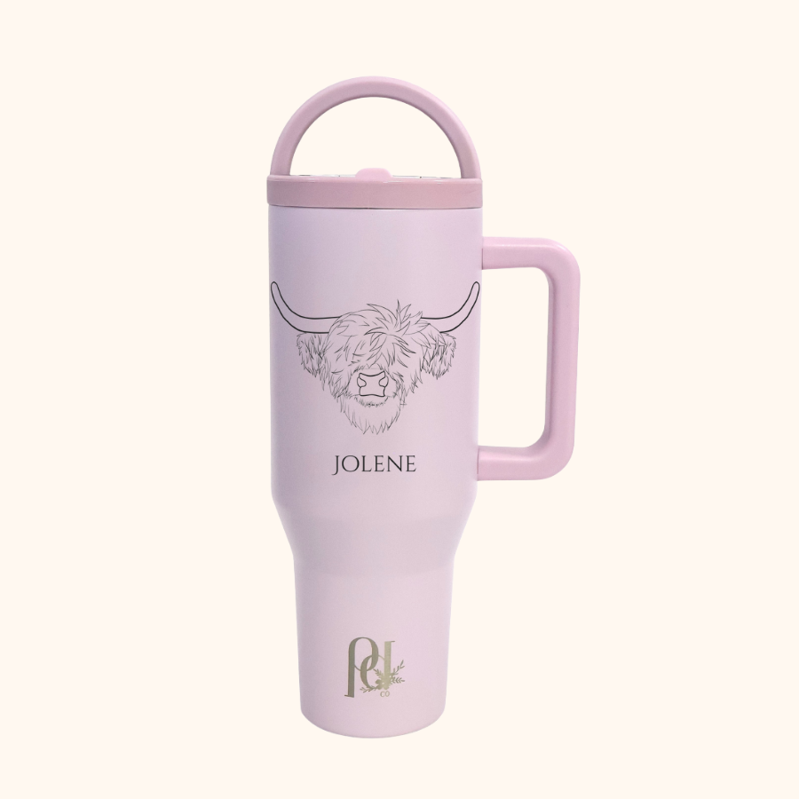 Personalized Highland Cow Hydra Hauler – 40 oz Leakproof Stainless Steel Tumbler with Dual Handles & Flip Straw | Laser Engraved Florals