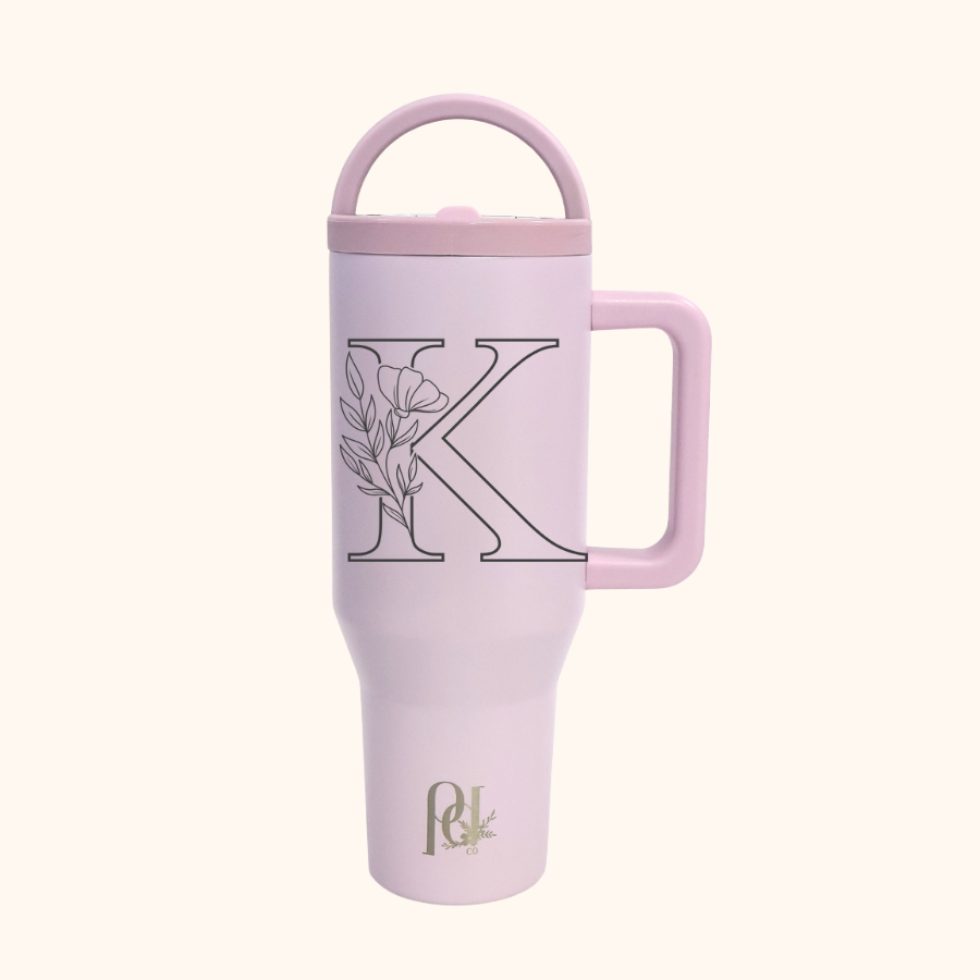 Personalized Floral Monogram Hydra Hauler – 40 oz Leakproof Stainless Steel Tumbler with Dual Handles & Flip Straw | Laser Engraved Florals