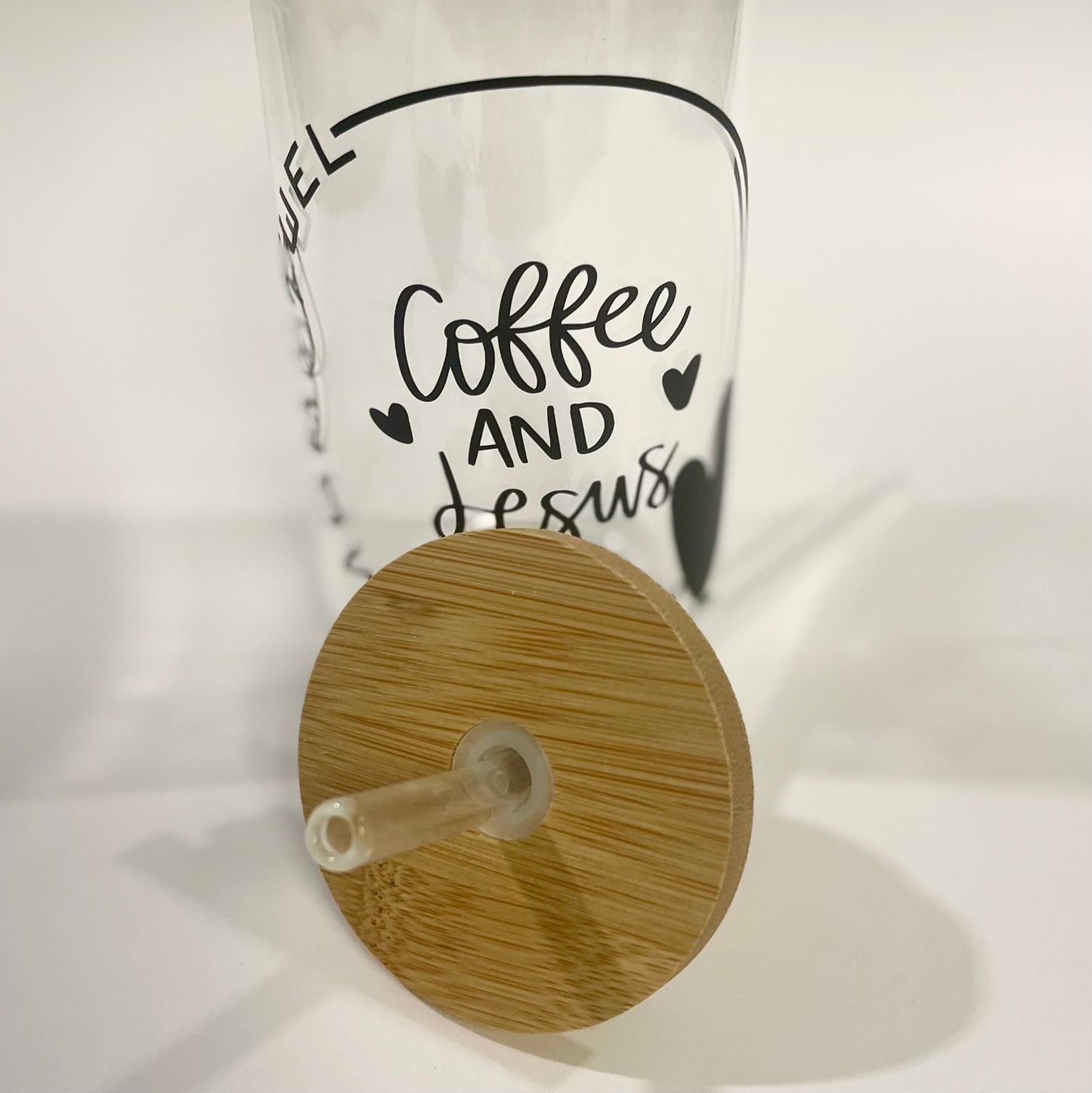 Mom Fuel- Coffee and Jesus 16 oz Glass Tumbler, Bamboo Lid and Glass Straw