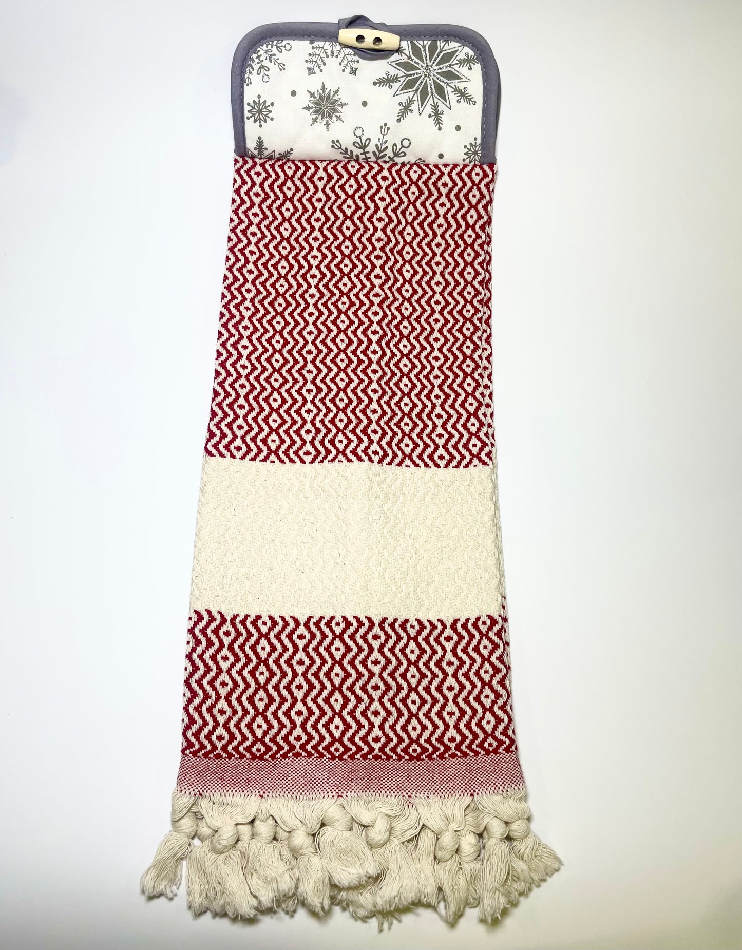 Sparkly Snowflake Red Turkish Towel, Hanging Kitchen Hand Towel With Fringe