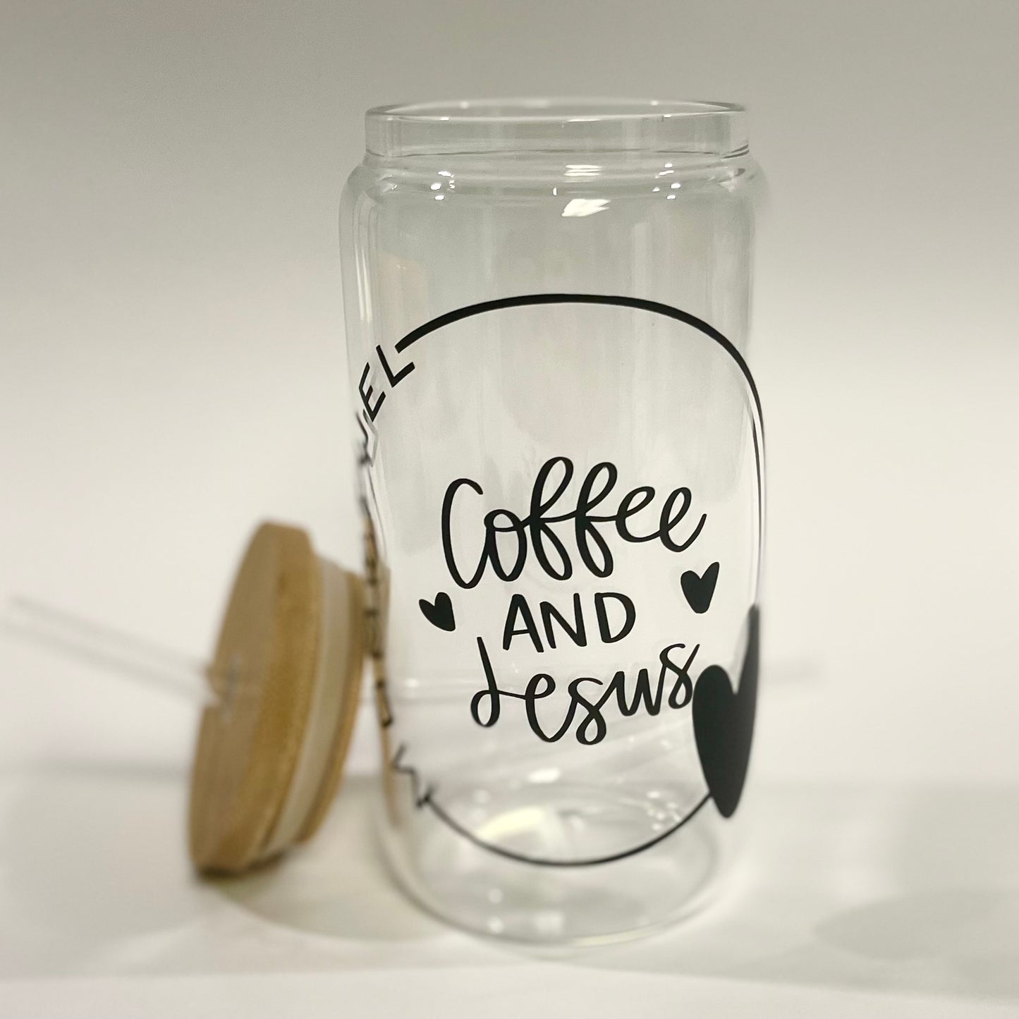 Mom Fuel- Coffee and Jesus 16 oz Glass Tumbler, Bamboo Lid and Glass Straw