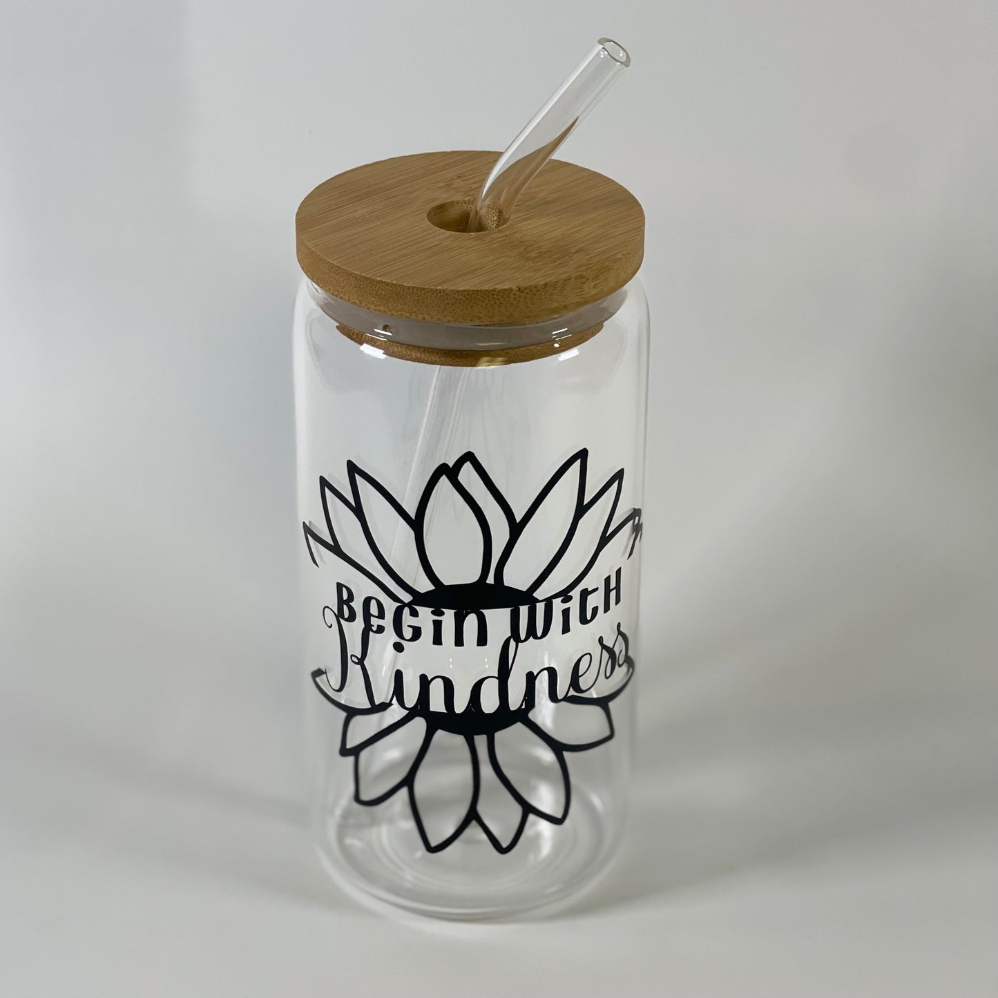 Begin With Kindness 16 oz Glass Tumbler, Iced Coffee Tumbler with Bamboo Lid
