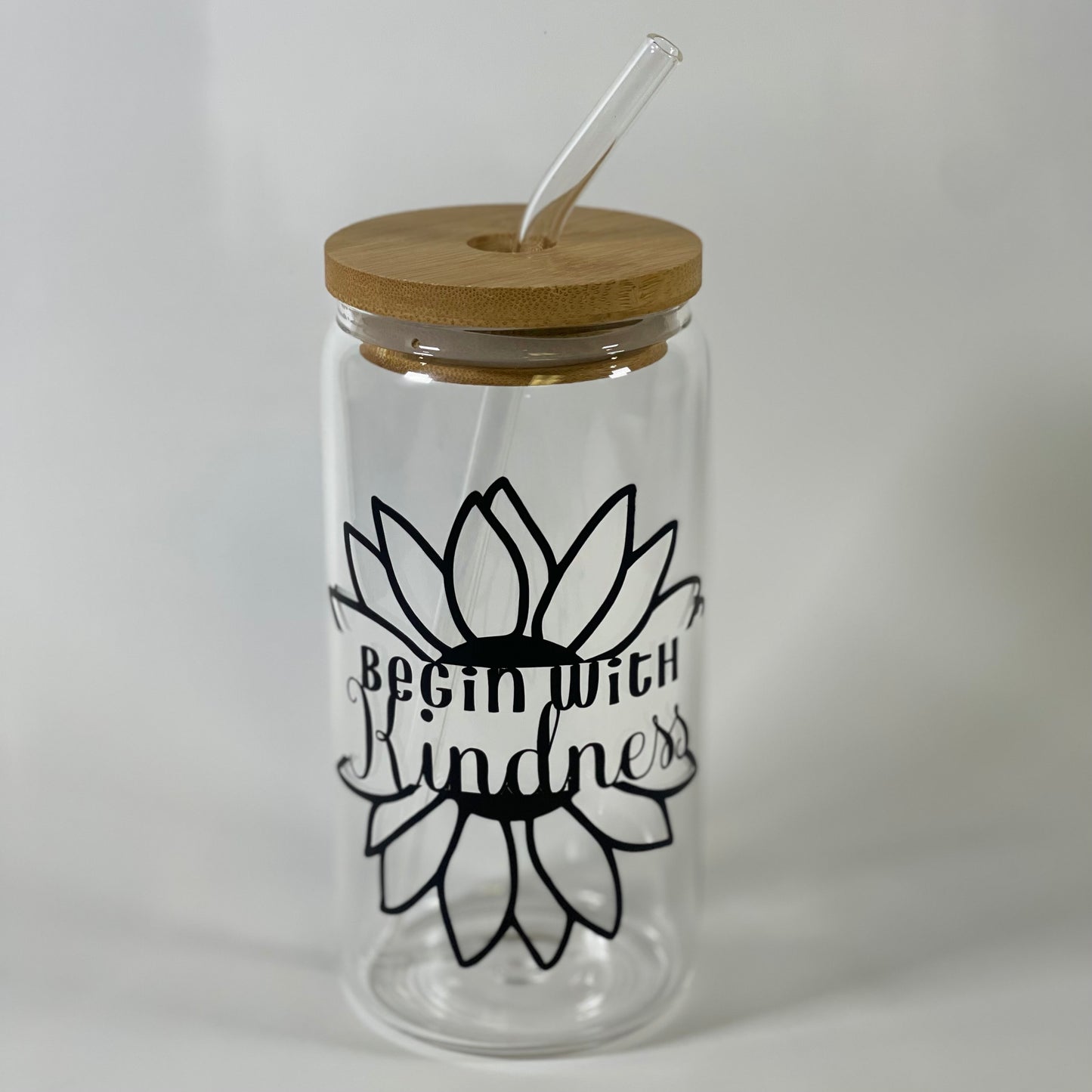 Begin With Kindness 16 oz Glass Tumbler, Iced Coffee Tumbler with Bamboo Lid