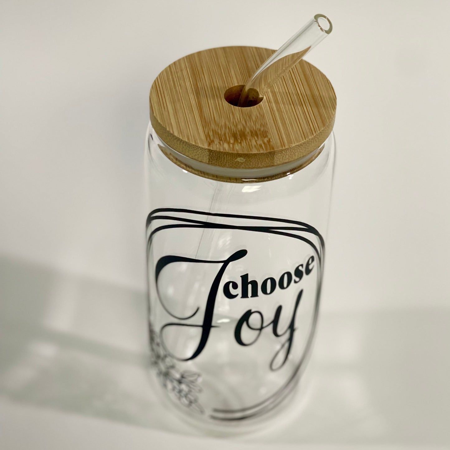 16 oz Glass Tumbler Choose Joy Inspiration with Bamboo Lid and Glass Straw