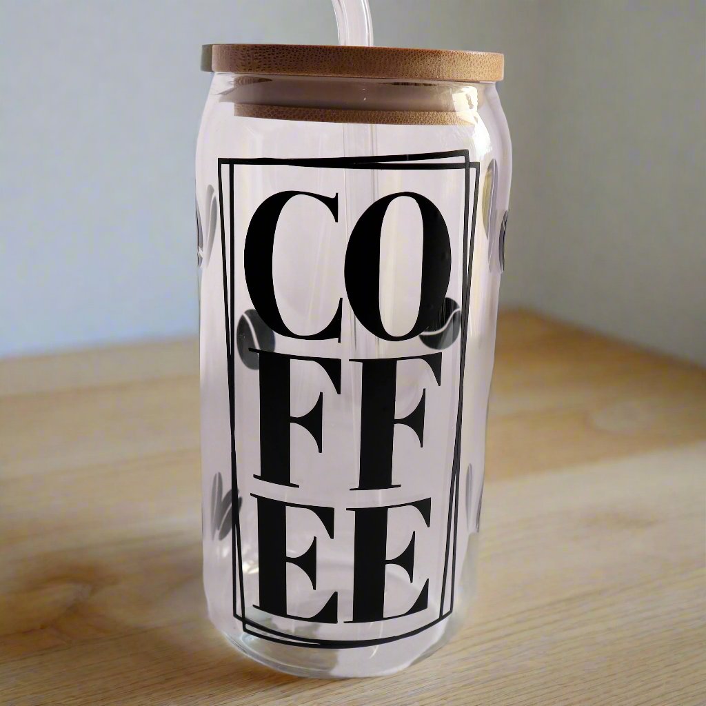 COFFEE 16 oz Glass Tumbler With Bamboo Lid and Straw