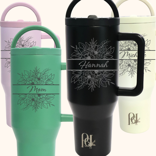 Bloom Name | Personalized Floral Hydra Hauler | 40 oz Laser Engraved Floral Tumbler with Name | Leakproof Dual Handle Water Cup