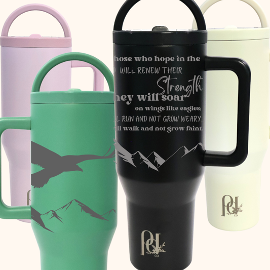 Soar Like Eagles Hydra Hauler – 40 oz Leakproof Stainless Steel Tumbler with Dual Handles & Flip Straw | Laser Engraved Mountains and Quotes