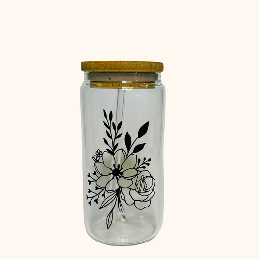 Garden Reverie, 16 oz. Glass Tumbler With Bamboo Lid and Glass Straw, Garden Bouquet Iced Coffee Cup