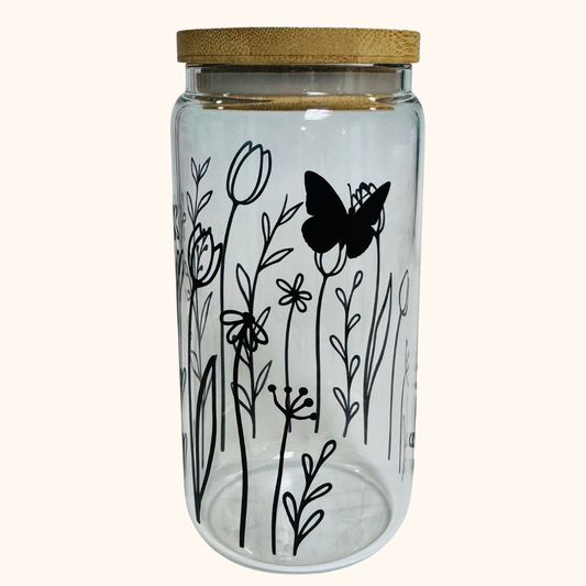 Garden Flutter – 16 oz Glass Iced Coffee Tumbler | Floral Matcha Cup