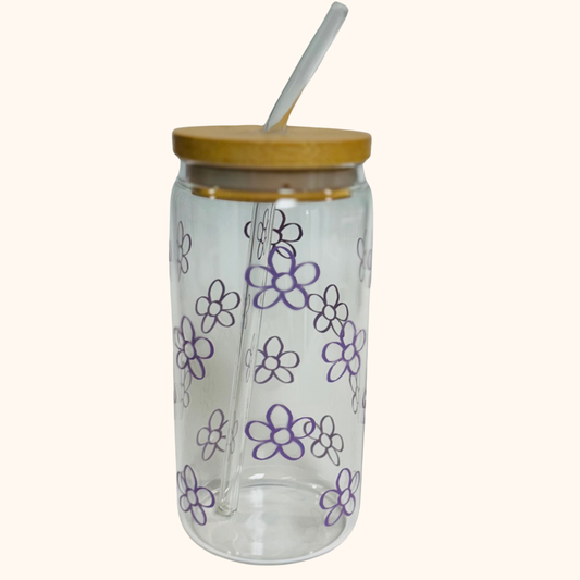 Dancing Daisy – 16 oz Glass Iced Coffee Tumbler | Floral Matcha Cup