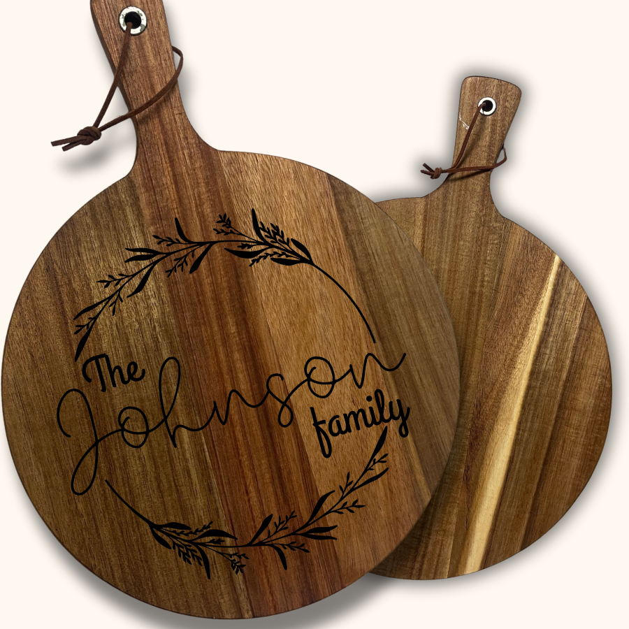 Family Wreath Personalized Acacia Wood Cutting Board – Laser-Engraved Name Design | 13.6” or 16” Charcuterie & Bread Board