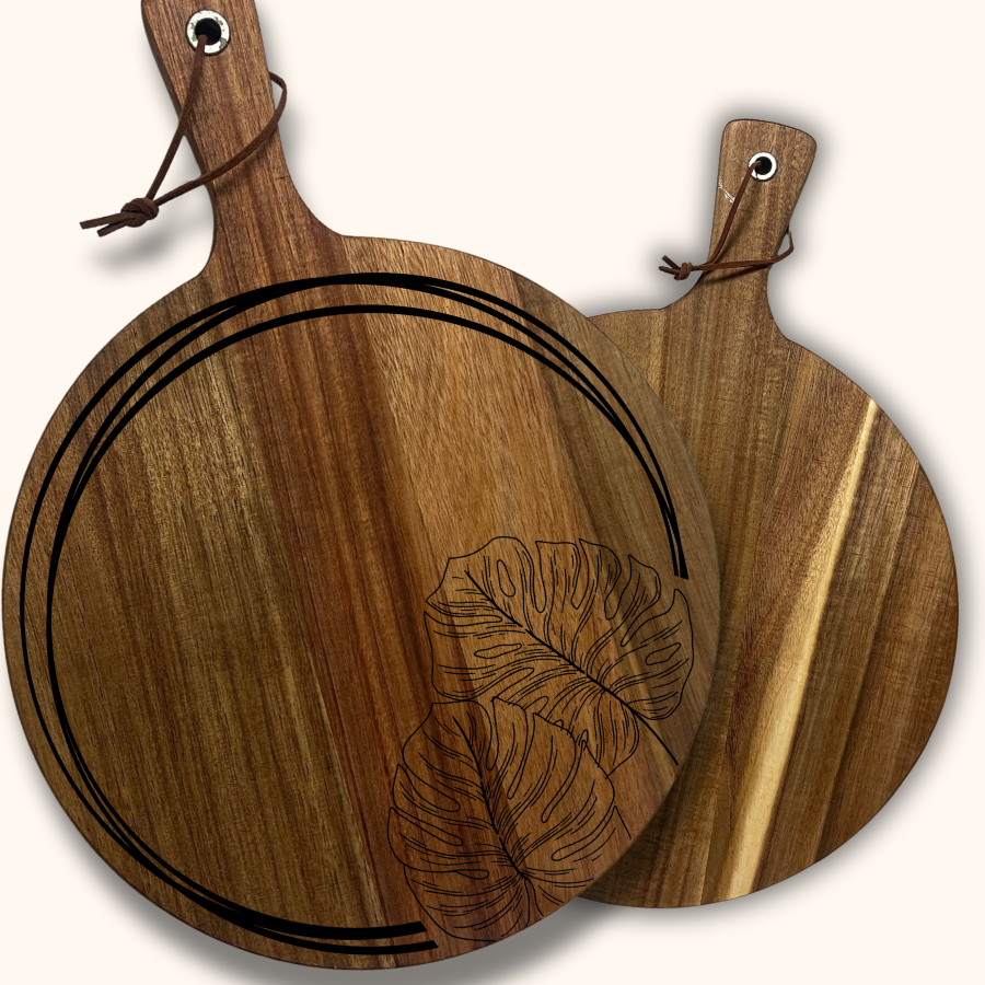 Lush Grove Personalized Acacia Wood Cutting Board – Tropical Leaves-Engraved Design | 13.6” or 16” Charcuterie & Bread Board for Wedding Gift