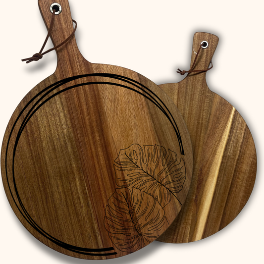 Lush Grove Personalized Acacia Wood Cutting Board – Tropical Leaves-Engraved Design | 13.6” or 16” Charcuterie & Bread Board for Wedding Gift