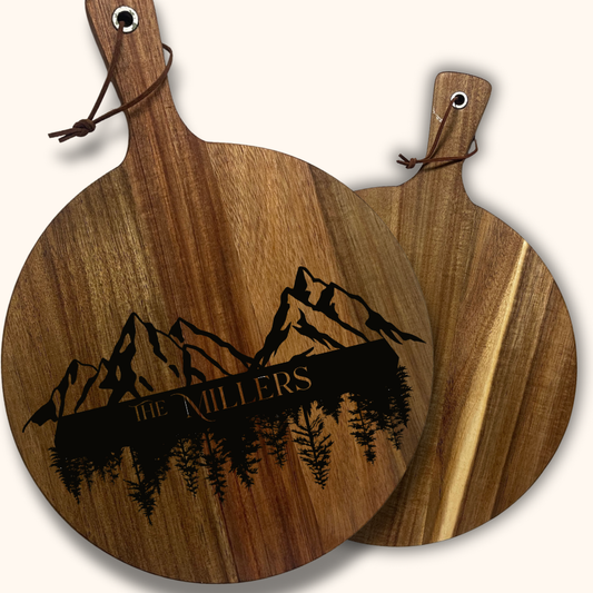 Alpine Echo Personalized Acacia Wood Cutting Board – Laser-Engraved Mountain & Pine Design | 13.6” or 16” Charcuterie & Bread Board