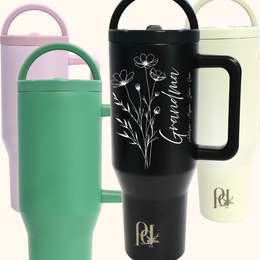 Rooted Love Personalized Mom/Grandma Tumbler – 40 oz Laser Engraved Floral Hydra Hauler with Children or Grandchildren Names