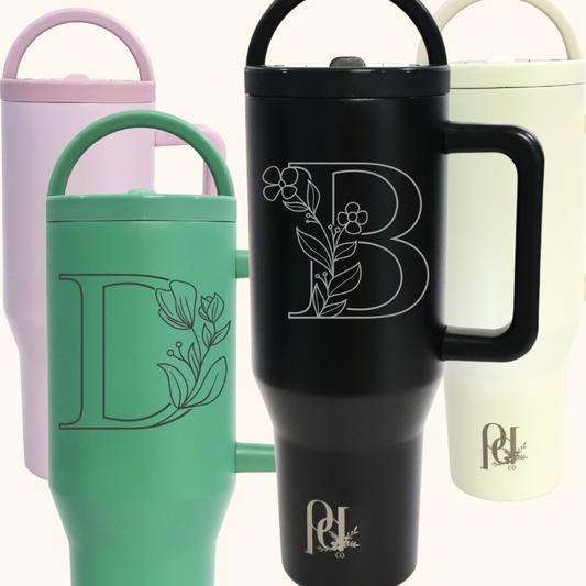 Personalized Floral Monogram Hydra Hauler – 40 oz Leakproof Stainless Steel Tumbler with Dual Handles & Flip Straw | Laser Engraved Florals