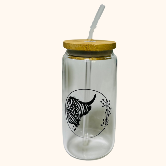 Highland Cow 16 oz. Glass Tumbler With Bamboo Lid and Glass Straw, Highland Cow and Vines Iced Coffee Cup (Copy)