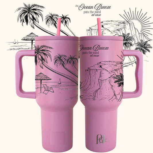 40 oz Ocean Breeze Tumbler with Handle | Stainless Steel Travel Mug | Beach & Palm Tree Laser Engraved Thirst Quencher Cup