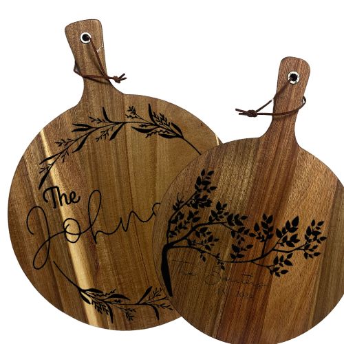 Personalized Wooden Cutting Boards, Unique Acacia Wood Round Cutting Board with Handle