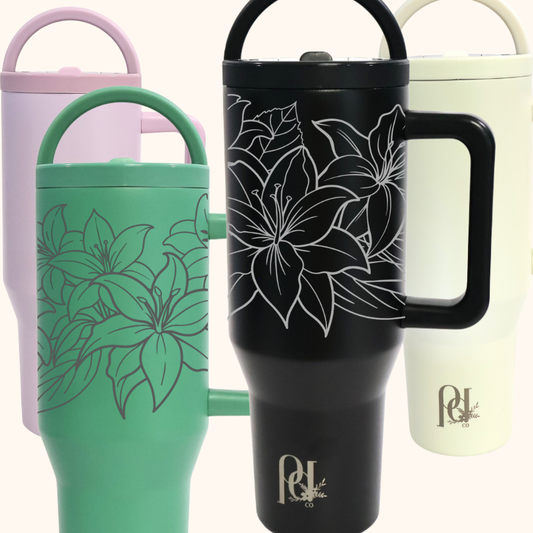 Everlasting Lily Hydra Hauler – 40 oz Full Wrap Lily Floral Laser Engraved Tumbler | Leakproof Dual Handle Cup