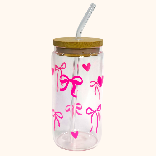 Coquette Bow Glass Tumbler with Bamboo Lid & Glass Straw – 16 oz Reusable Cup with Pink Bows and Hearts