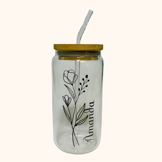 Personalized Botanical Muse 16 oz. Glass Tumbler With Bamboo Lid and Glass Straw, Wildflower Personalized Iced Coffee Cup (Copy)