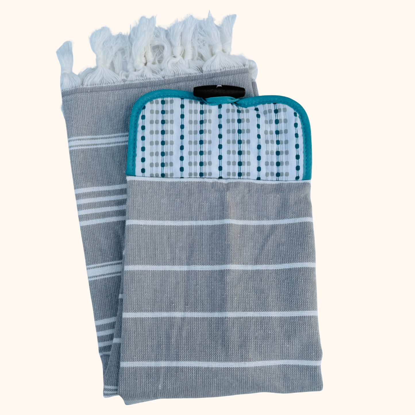 Aqua and Gray Striped Hanging Kitchen Hand Towel | Extra Long Turkish Towel with Wooden Button Closure
